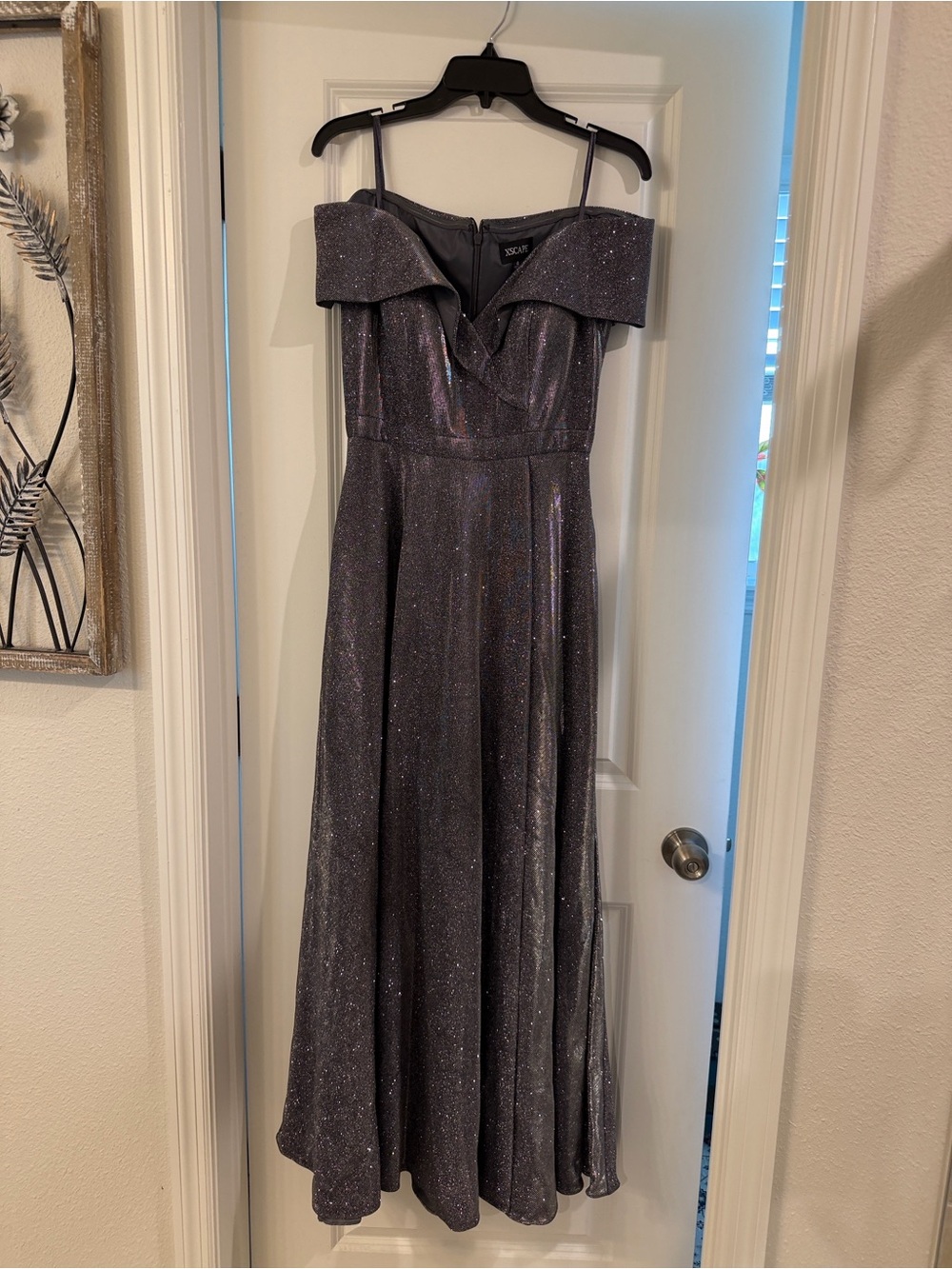 Xscape Charcoal Glitter Off-Shoulder Evening Gown
